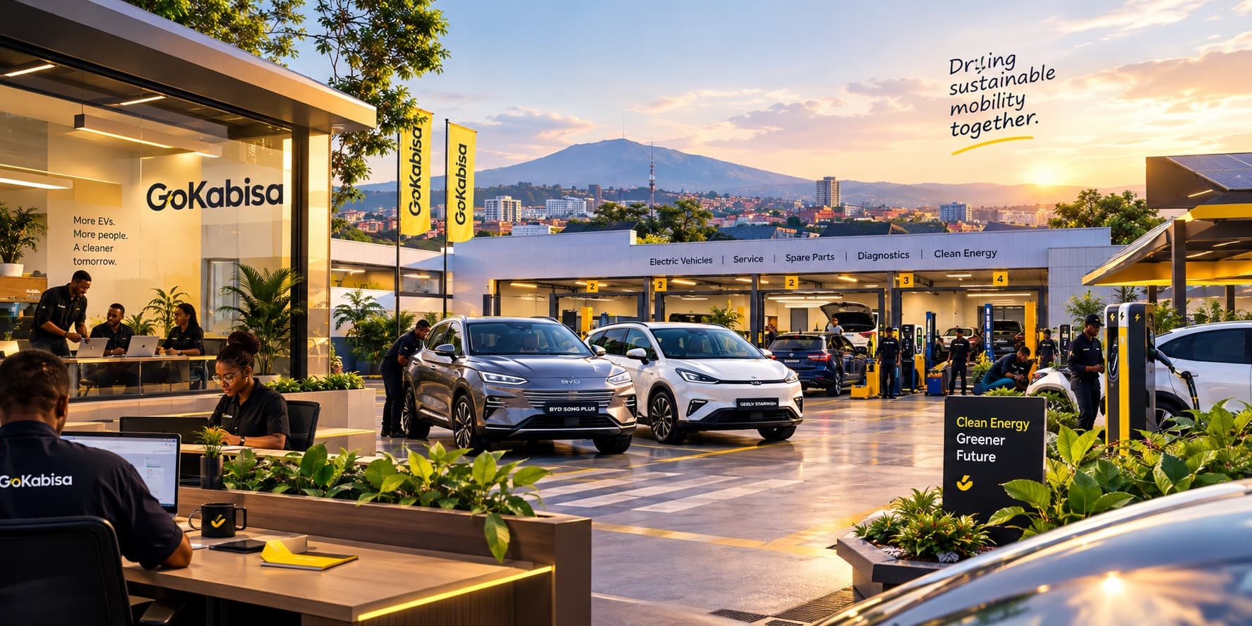 Kabisa EV House in Kigali at sunset, with electric vehicles at the service bays and chargers